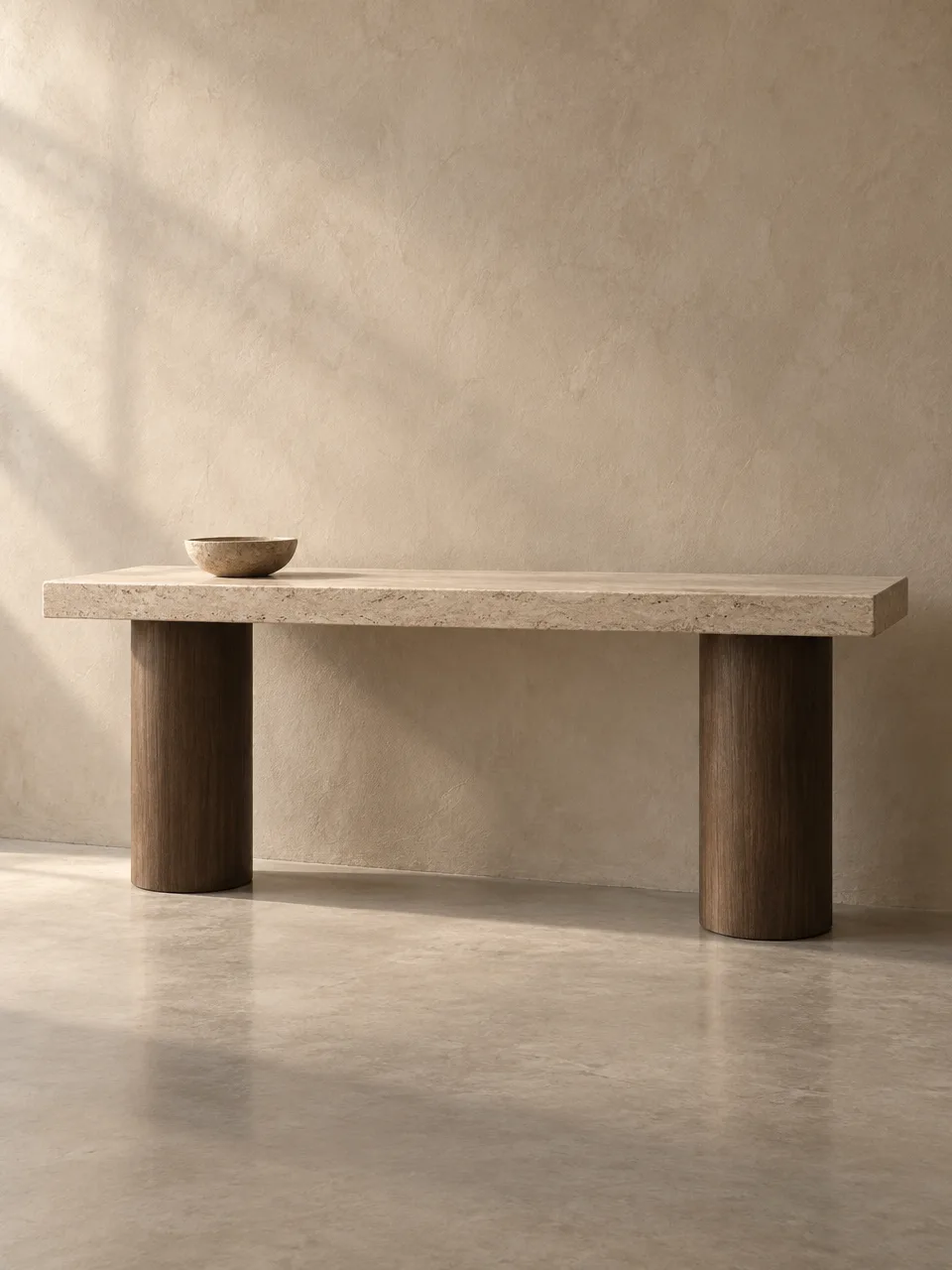 Console with a travertine top on cylindrical oak legs
