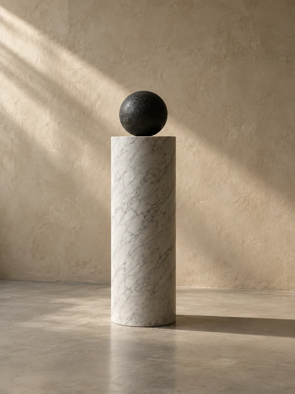 A J16 Objects marble pedestal with a black stone sphere in afternoon light