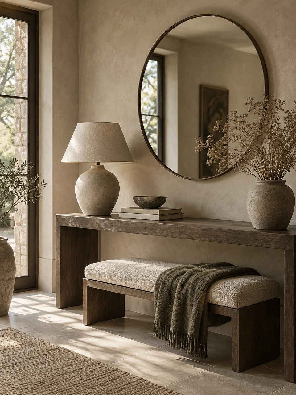 A J16 Studio styling vignette: oak console, round bronze mirror, ceramic lamp and a moss throw